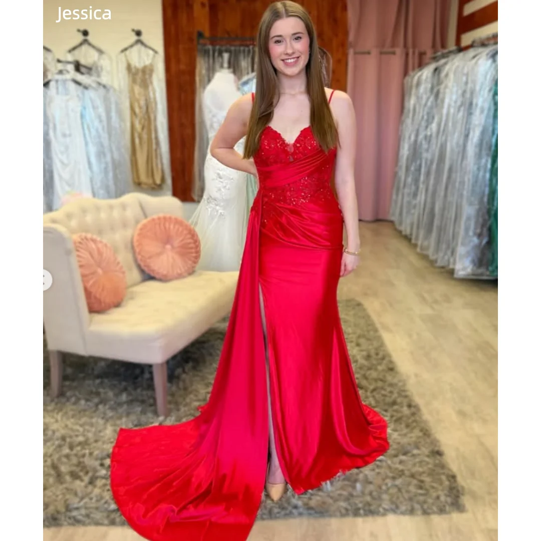 

Jessica Handmade Glitter Sequins Evening Dresses Gorgeous Red Prom Dresses Thin Straps Slim Fit Side Slits Party Dresses