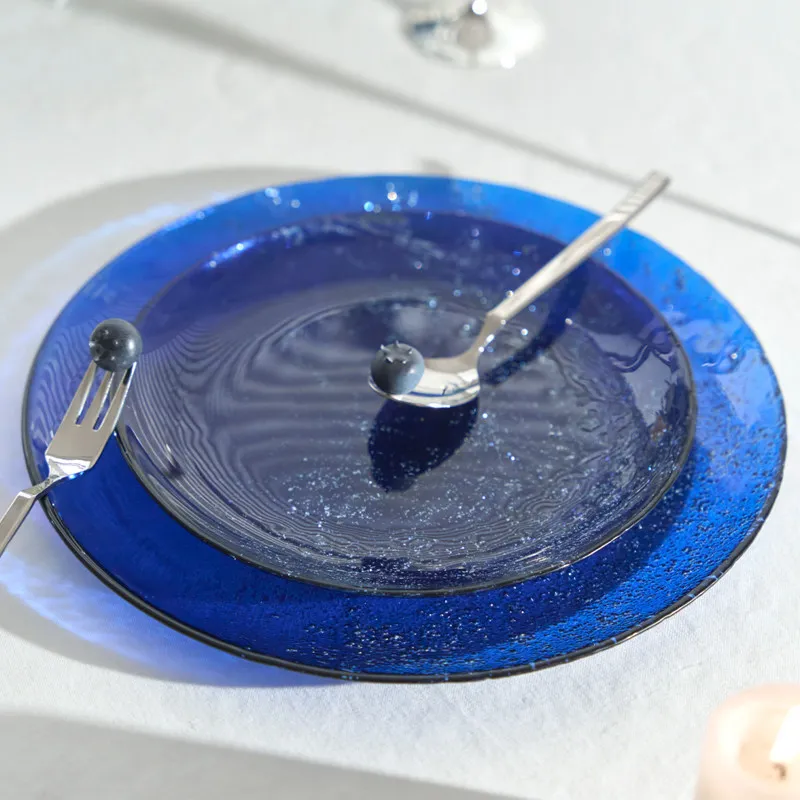 Turkish glass blue silver foil salad plate, round fruit tray, model room restaurant storage ornament