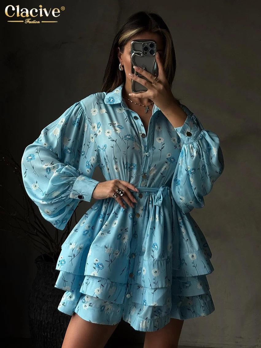 

Clacive Fashion Loose Print Women Dress 2025 Casual Lapel Long Sleeve Mini Dresses Elegant Classic Lace-Up Pleated Female Dress