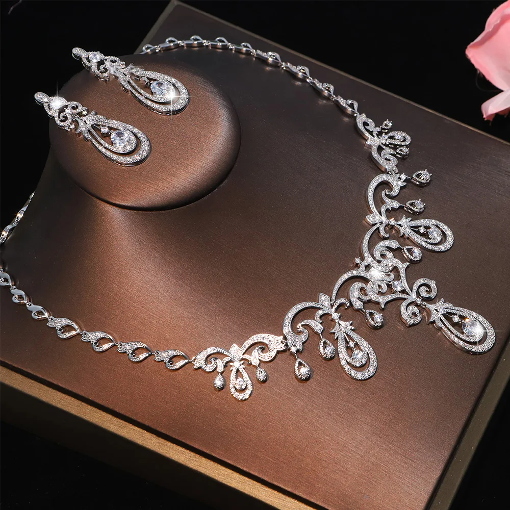Romantic and Shiny Multi-Layer Line Cubic Zirconia Jewelry Set for Women's Party Luxury Dubai Nigeria CZ Crystal Wedding Accesso