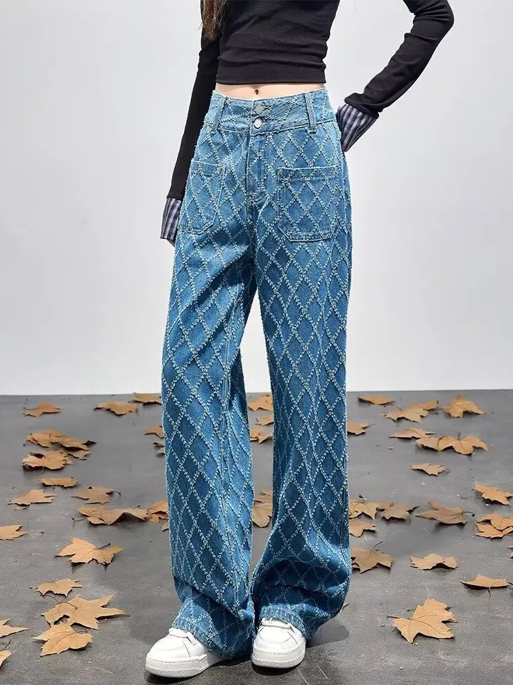 High Waist Straight Leg Denim Jeans Women's Fall Design Sensation American High Street Slimming Wide Leg Pants Casual Style