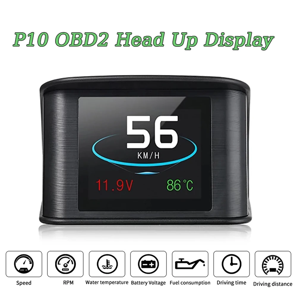 OBD2 Gauge Display HUD P10 Measure Engine Coolant Temper Read Fault Code Speedometer RPM Overspeed Alarm Head Up Display for Car