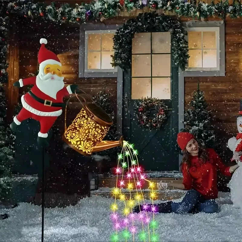 Solar Powered Santa Claus Lantern Hollow Luminous Water Bottle Light Metal Craft Outdoor Garden Christmas Decor Lamp