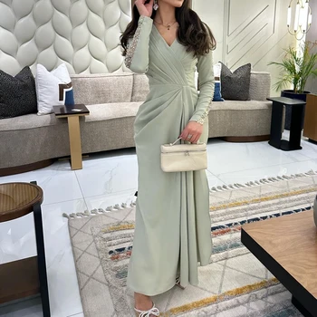 فستان سهرة كلاسيكي مخصص بطول الكاحل مطرز بالترتر فستان رائع على شكل حرف a وأكمام طويلة ورقبة على شكل حرف v فستان حفلات ملون للصور