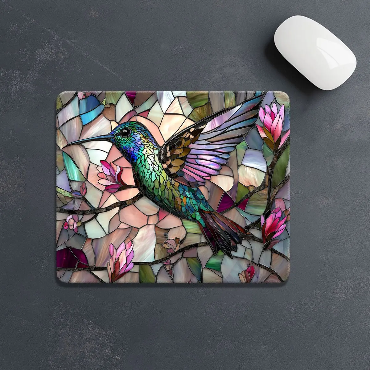 Colored glass hummingbird mouse pad, flower branch anti-slip base, washable and durable rubber material computer accessory