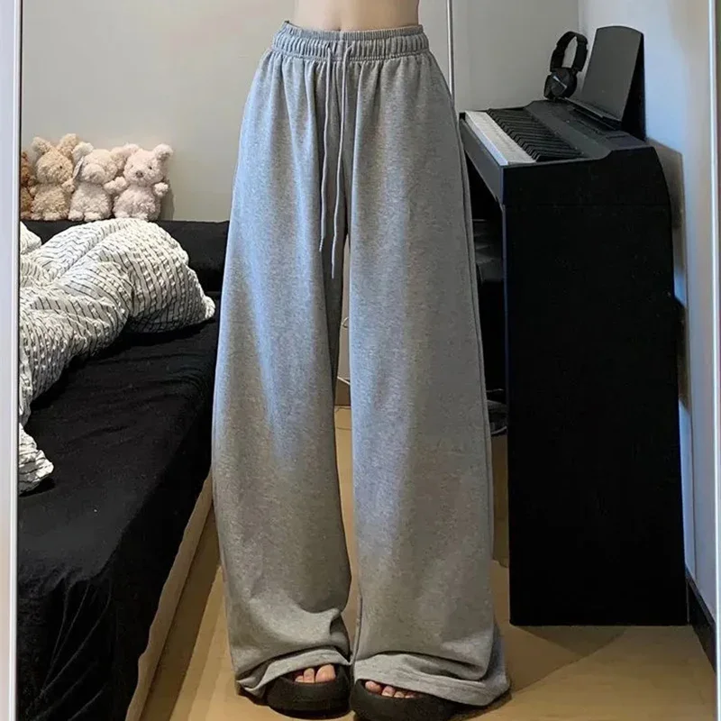 Casual Elastic Waist Wide Leg Sweatpants for Women Gray Drawstring Loose Sport Pants Woman 2026 Streetwear Oversized Trousers