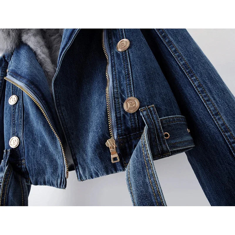 Winter Dicke Echt Fox Pelz Kragen Kaninchen Fell Denim Jacke Saum Gürtel Zipper Frauen Cowboy Oberbekleidung Lose Kurze Jeans Jacke Weibliche