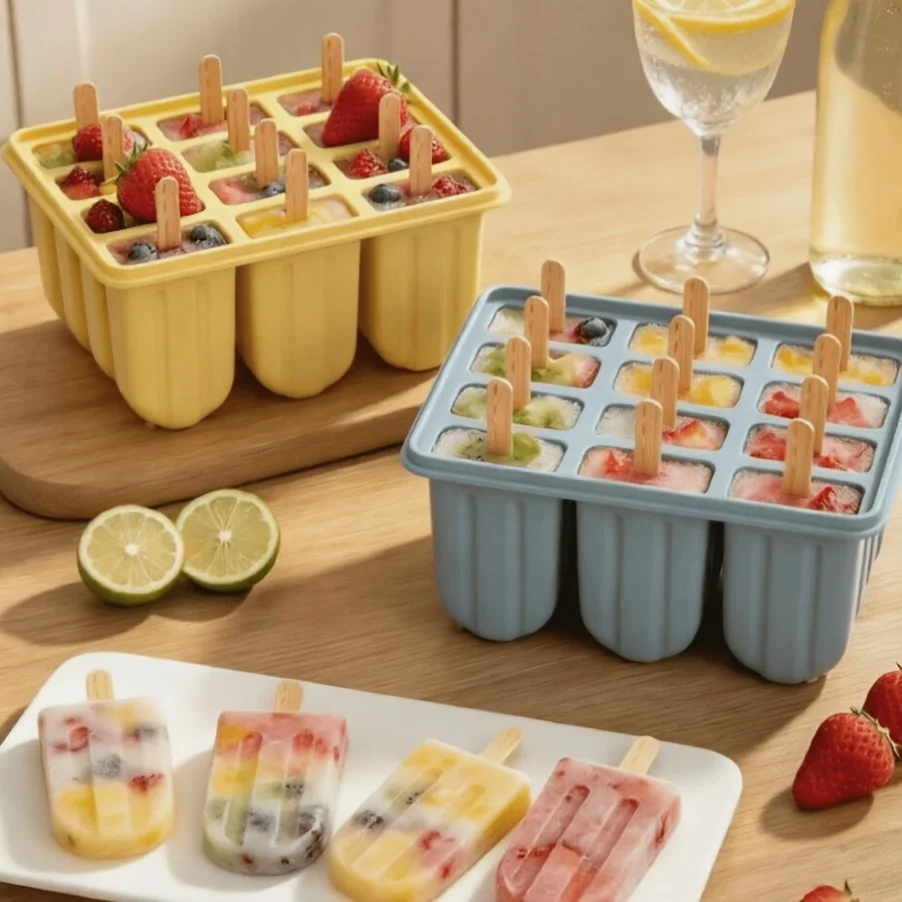 12Cavity Popsicle Moulds with 50Popsicle Sticks, BPA-free Ice Lolly Mould, Homemade Popsicle Moulds, Easy-Release Popsicle Maker
