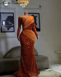 Luxury Orange Evening Dress For Women 2024 Long Sleeves Beading Sequins Foemal Gown Birthday Dress Vestidos De Noche