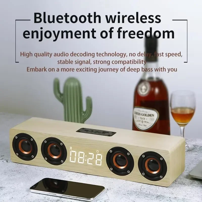 W8C Retro Soundbar in legno Altoparlanti Bluetooth senza fili Trombe per computer da tavolo Suono portatile per musica surround stereo per bassi pesanti