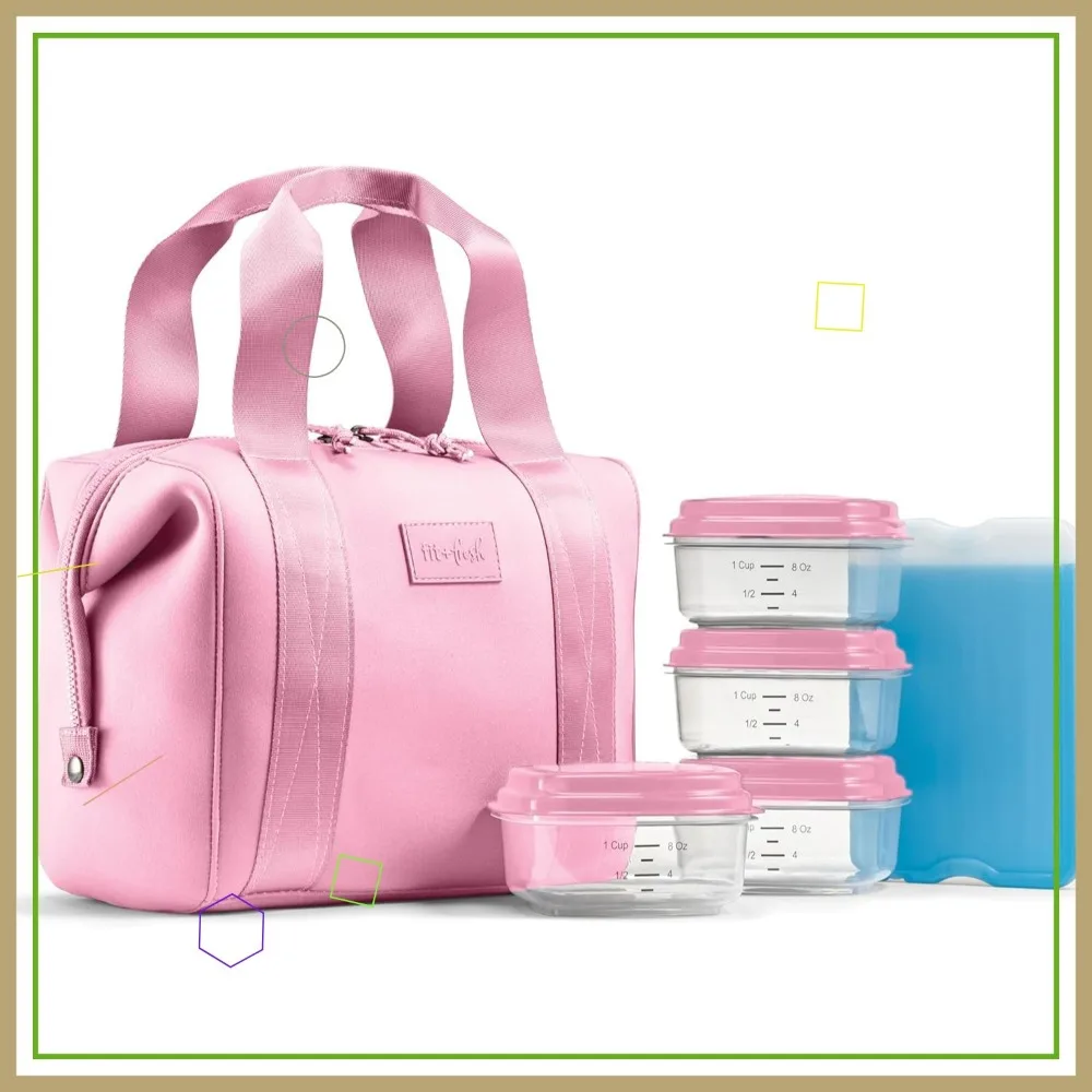 

Insulated Lunch Bag for Women with Containers & Ice Pack, Neoprene Material, Washable, Tear-Resistant, Pink