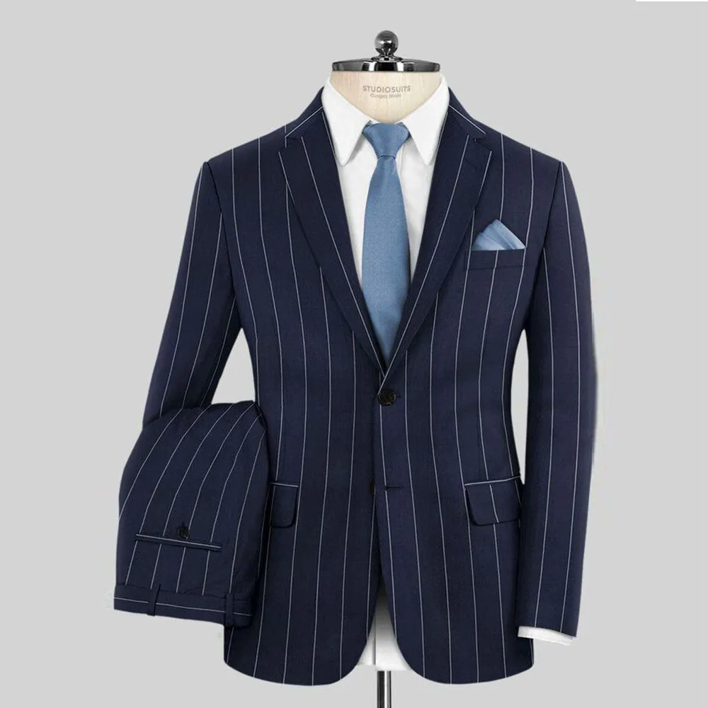 Stripe Navy Men Suit High Quality Business Formal Occasion Single Breasted Notch Collar 2 Pieces Jacket Pant Male Clothing 2025