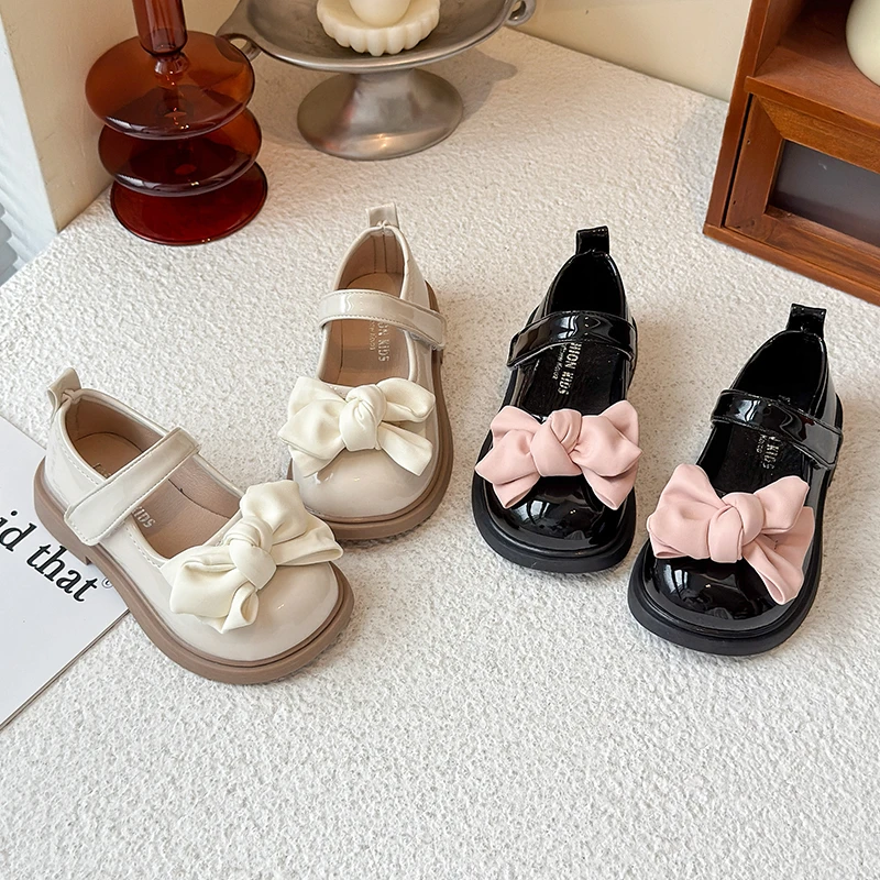 

Girl's Princess Shoes Round Toe Hook-loop Bowknot Pu Leather Chic Children Shoe Solid Colors Anti-slip Daily Sweet Children Shoe