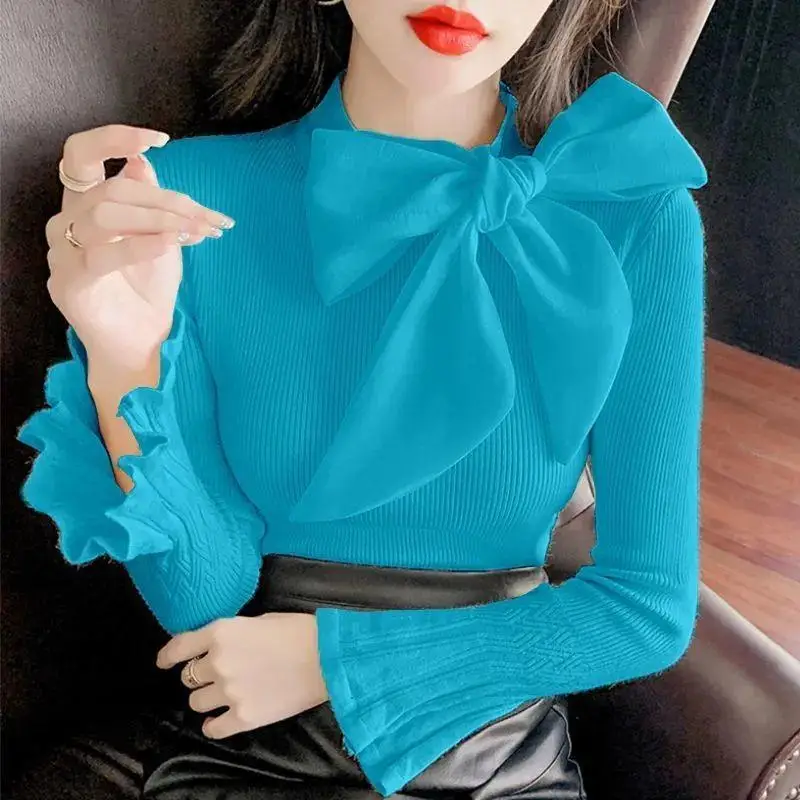 

Autumn New Style Temperament Solid Color Flare Long-sleeved Top Women's Elegant Lady Bow Knitted Sweater Pullover