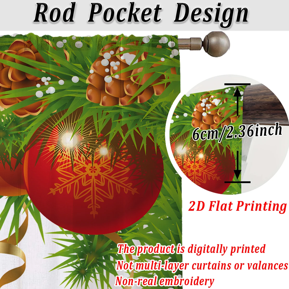 ستارة شفافة مطبوعة مسطحة لعيد الميلاد مع شريط فرع كرة الصنوبر لعيد الميلاد لغرفة المعيشة وغرفة النوم وحفلات العطلات #5