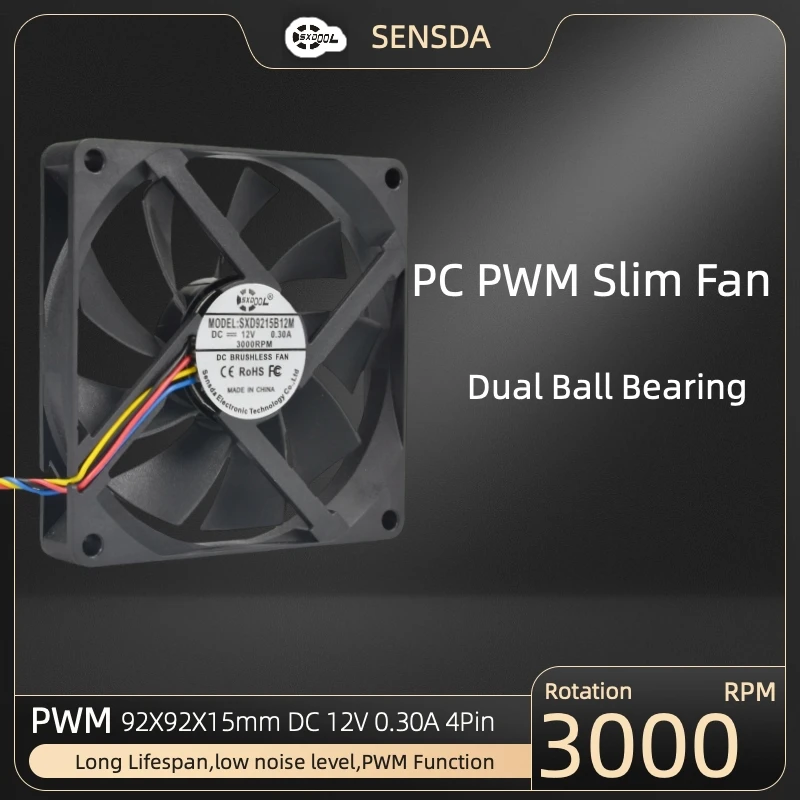 

SXD9215B12M Ultra-Thin Silent DC Brushless Cooling Fan 92x92x15mm with PWM, Dual Ball Bearings, 3000RPM for PC Case, Servers