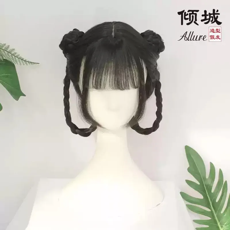 Women Black Hanfu Ancient Chinese Wig, Full Head Princess Wig with Double Buns and Bangs, Cute Costume Wig for Cosplay