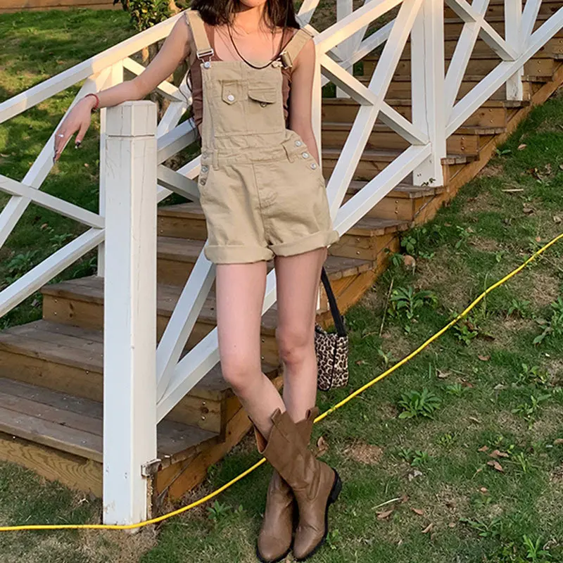 2024 Summer New Khaki Denim Jumpsuits For Women Fashion One Pieces Multi Pocket Cargo Suspenders Shorts Casual Female Clothing