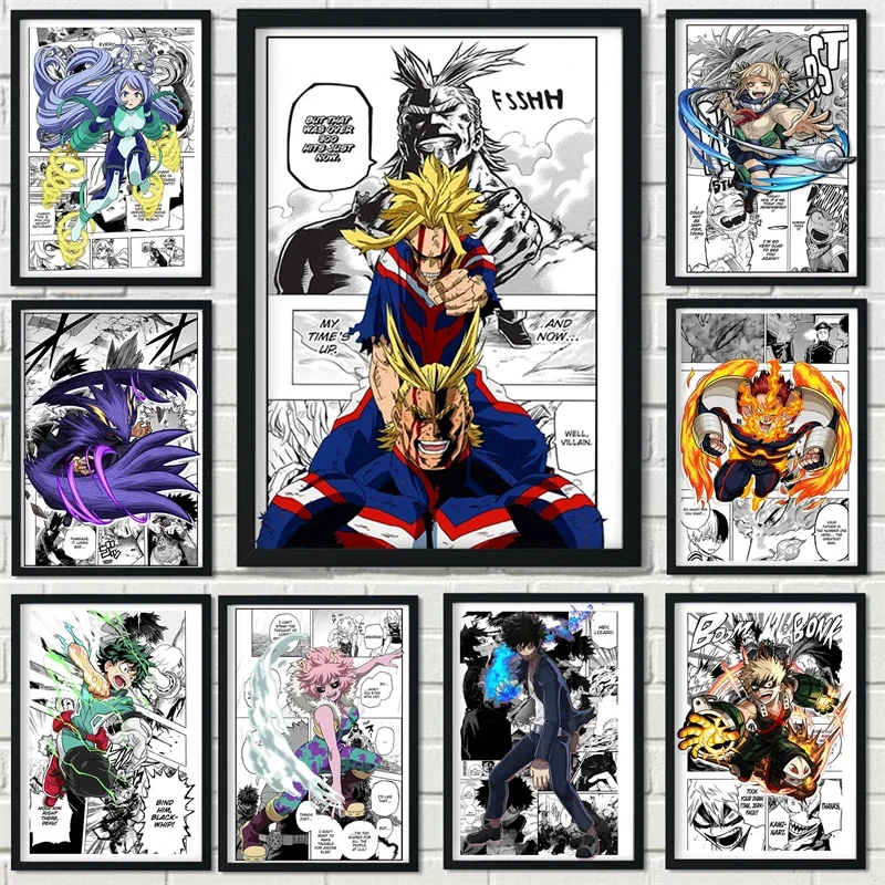 Anime Figure my hero academia poster bakugo todoroki dabi hawks cartoon black and white manga Canvas Wall Art kawaii Room Decor