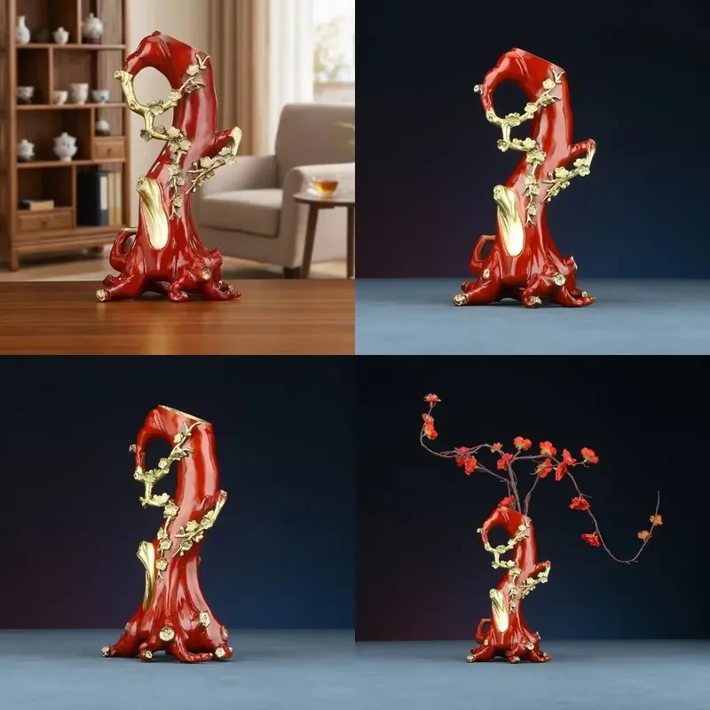 Chinese Style Red Copper Plum Blossom Stump Vase Art Design Dried Flower Home Decoration Festival Ornament
