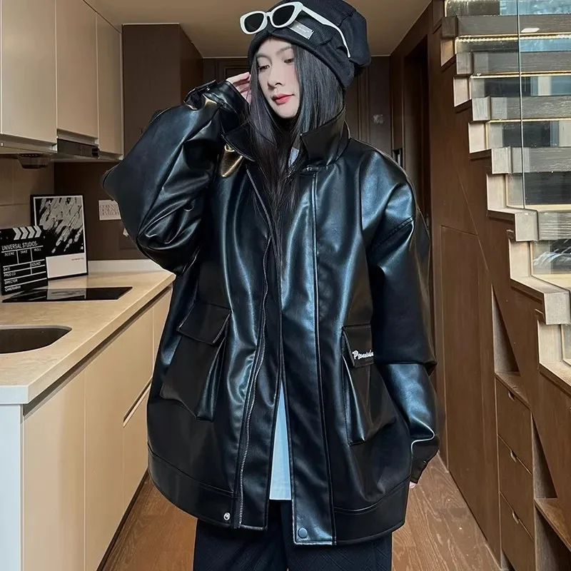 Jesienny Trend Damski Skórzany Płaszcz Retro Moda Damska Sztuczna Skóra Odzież Wierzchnia Damska Wysokiej Jakości Kurtka Motocyklowa z PU