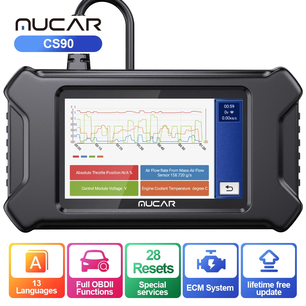 MUCAR CS90 OBD2 전문 자동 진단 도구 – 블루투스 ECM 시스템, 28가지 리셋 기능, 평생 무료 업데이트 제공