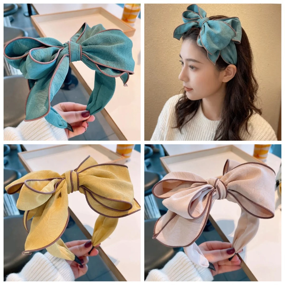  Fashion Multi Layered Bow Knot Hair Hoop Wide Edge Versatile Hairband Daily Party Headpiece Solid Crepe Holiday Hairbands