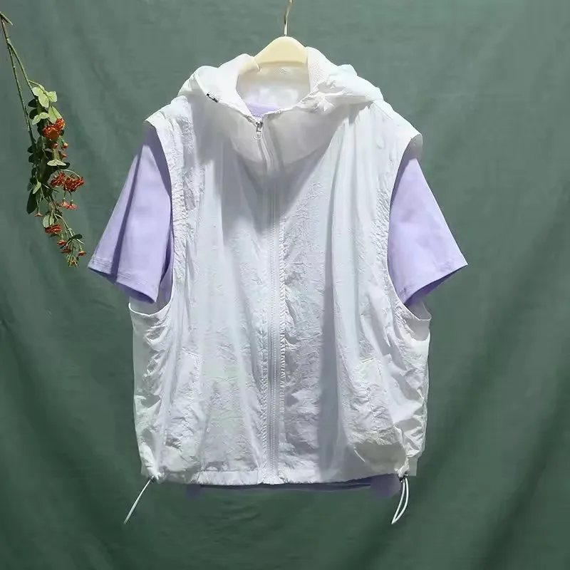 Fashion Women Vests Cargo Zippers Hooded Casual Tops  2025 Summer Loose Solid Waistcoat Sports Quick Drying Thin Women's Clothin