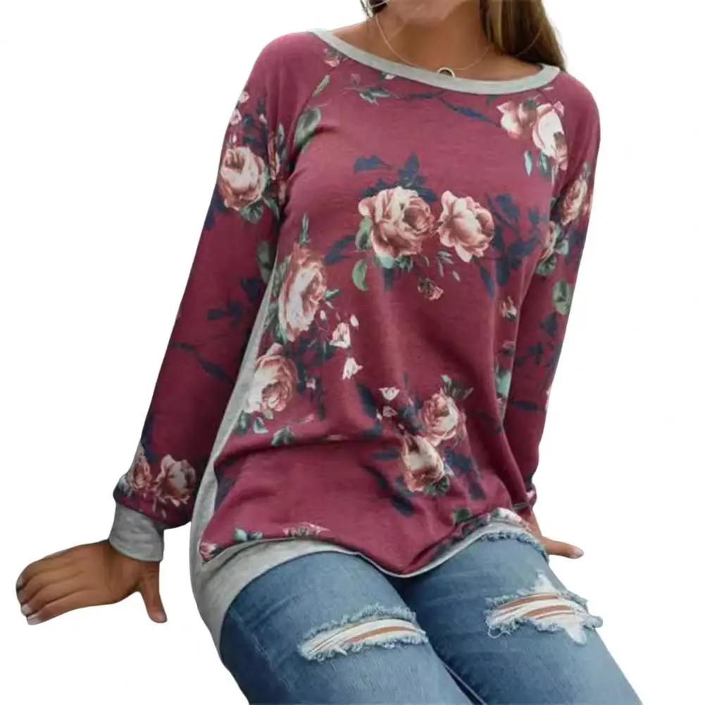 Women T-shirt Loose Fit Top Flower Print Patchwork Color Mid-length Tee Shirt for Women Round Neck Raglan Long Sleeve Pullover