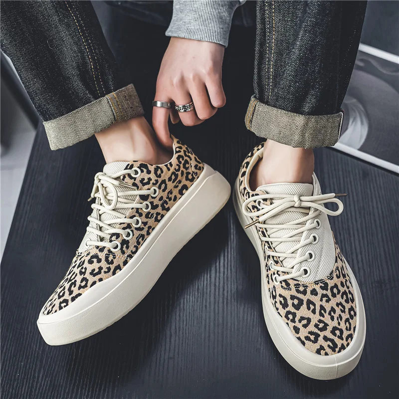 Fashion Trendy Leopard Platform Sneakers Men Chunky Canvas Shoes Men\'s Casual Sneaker Breathable Designer Skateboard Shoes Man