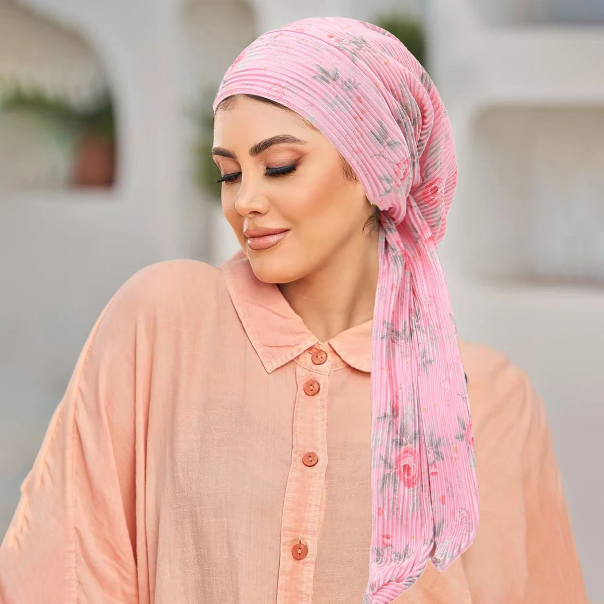 2025 New Crinkle Women Floral Printed Elastic Muslim Turban Hijab Cancer Head Scarf Chemo Hair Loss Hat Pre-Tied Headwear Bandan