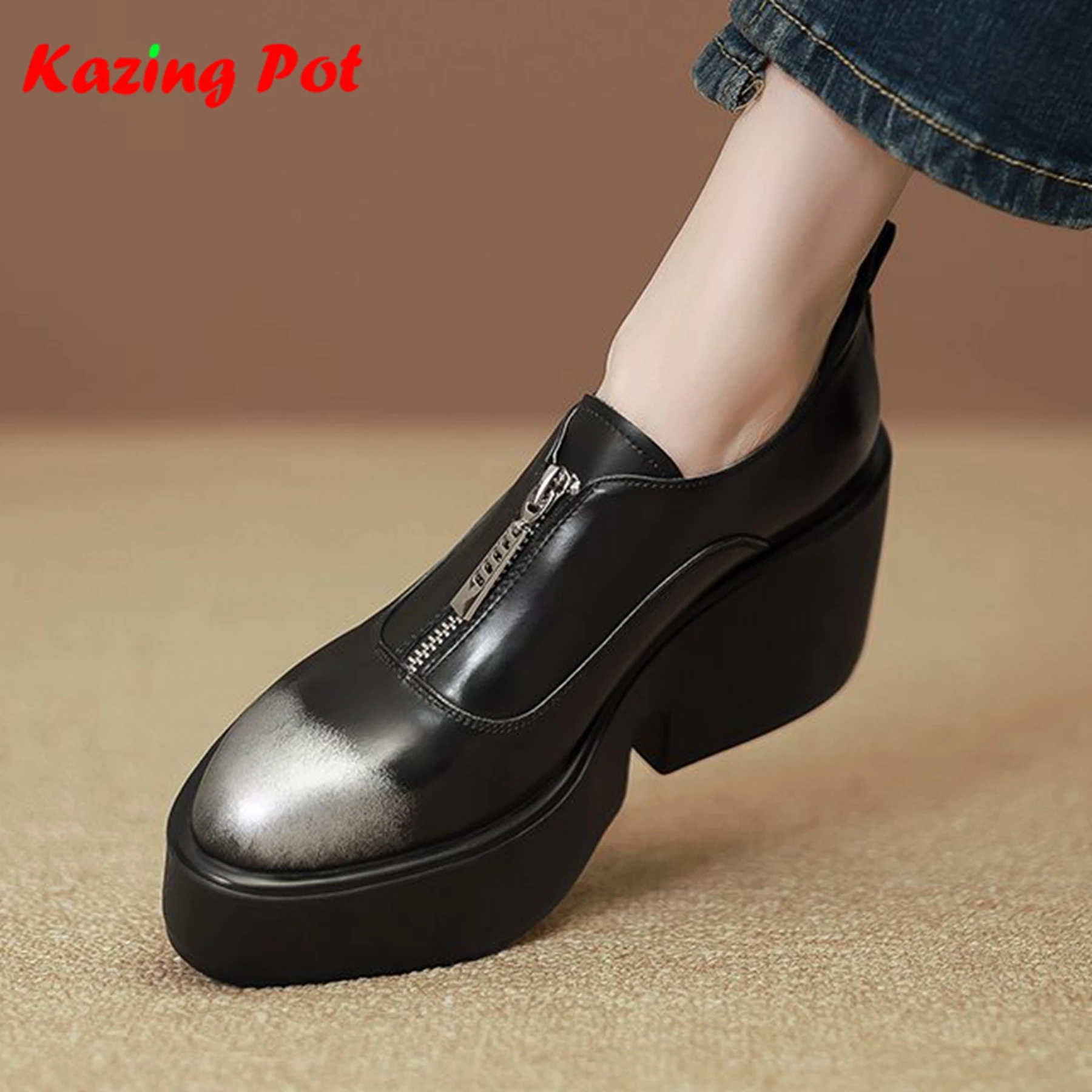 Krazing Pot Full Grain Leather Chic Round Toe Thick Bottom Platform Front Zipper Waterproof Leisure Gradient Color Women Pumps