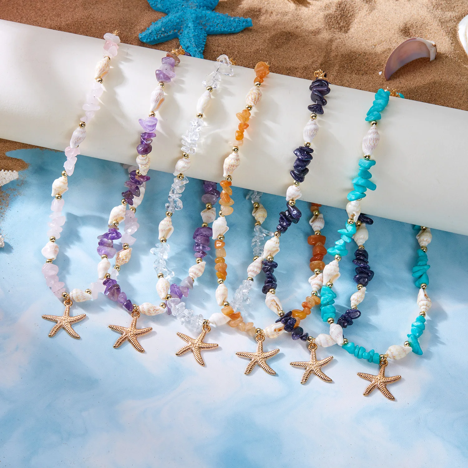 Boho Muschel Rosa Stein Choker Halskette für Frauen Goldfarben Seestern-Anhänger Strand-Schmuck für Sommerurlaub Y2K Ästhetisches Geschenk – Detail 12