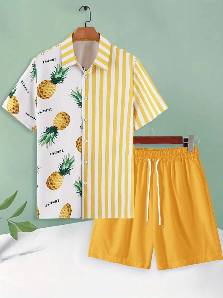 Conjunto de camisa de manga curta e shorts de praia masculino, estampa flamingo, elegante, casual, férias, festa, verão