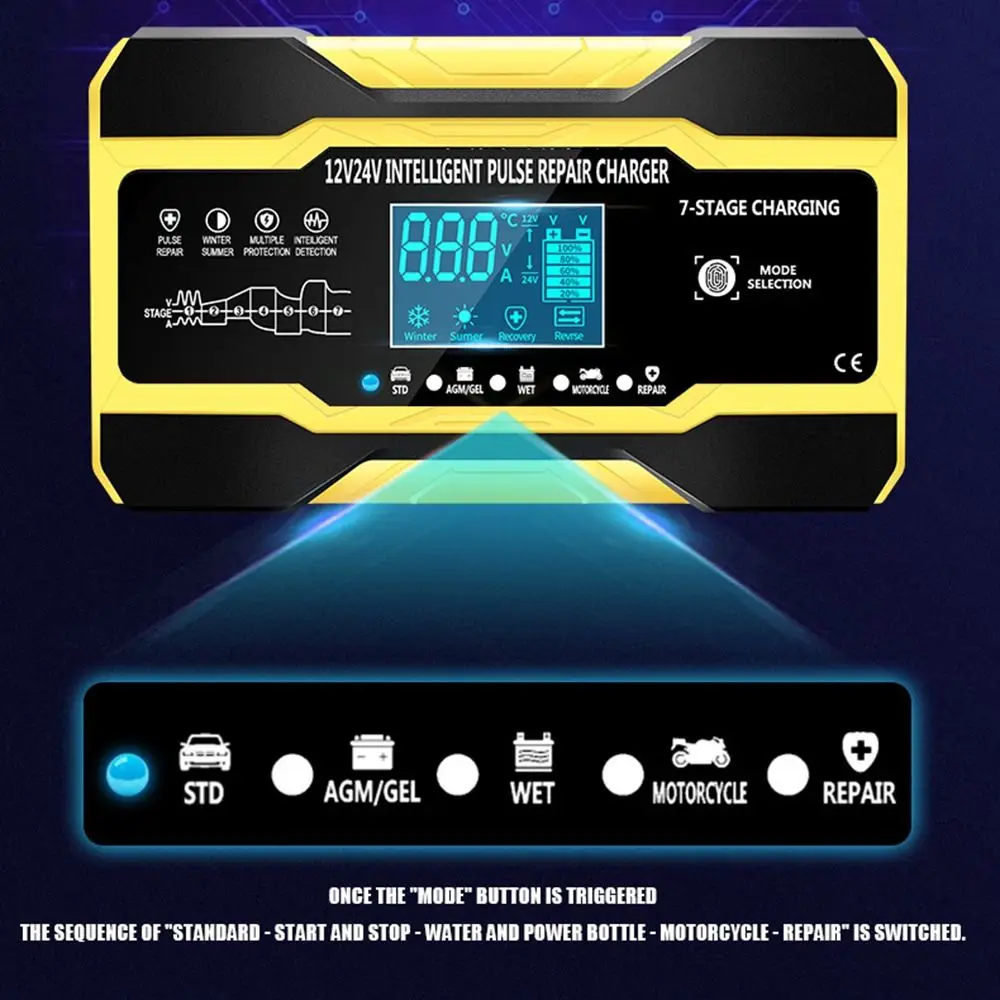 10-Amp batterijlader Volautomatische 12V 24V batterijonderhouder Druppellader Smart met temperatuurcompensatie