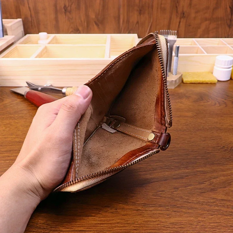 Orijinal deri cüzdan Vintage kat tasarım erkekler kısa çantalar kredi kimlik banka fermuarlı bozuk para cüzdanı hakiki deri cüzdan