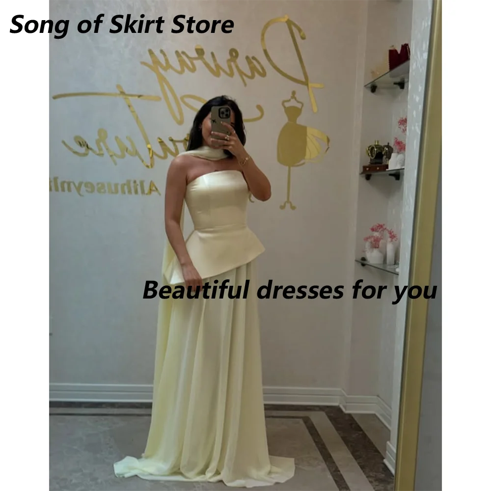 

Yellow A Line Evening Dress Customized Scarf Strapless Pleats Chiffon Floor Length Formal Prom Gown for Weddings 2025