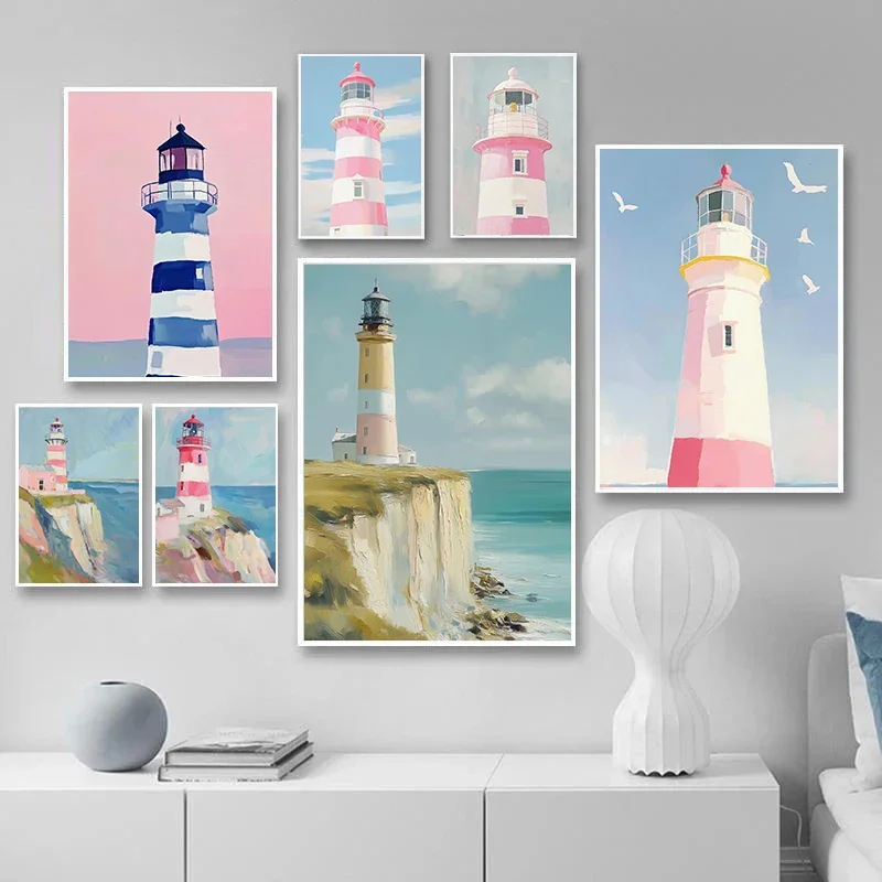 1PC frameless decorative art print,Pink Blue Coast Lighthouse Oil Painting Art Poster Canvas Printing Hotel Homestay Bedroom Roo