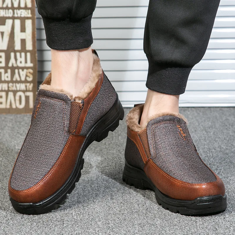 Men Sneakers Pu Leather Comfortable Plush Fur Ankle Plush Warm Shoes for Men Boots Slip On Casual Footwear Solid Color Zapatos