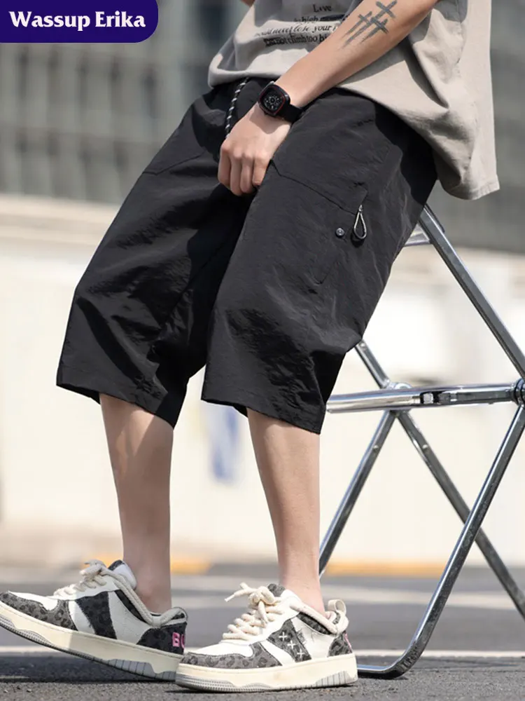 شورت عمل رجالي من الحرير الجليدي من Wassup Erika، كاجوال بطول سبع أقدام مع جيوب كبيرة، قطعة صيفية عصرية، نمط فضفاض