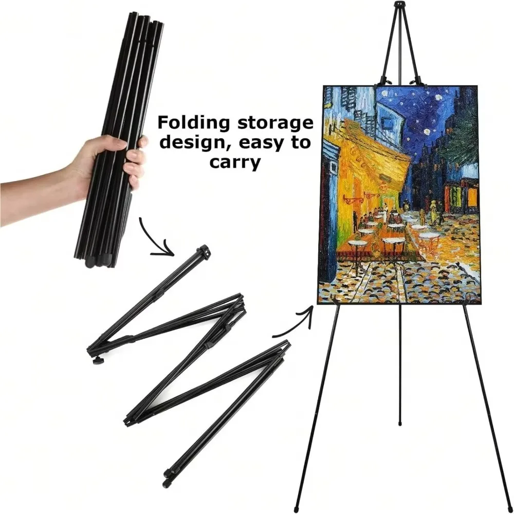 Portable Folding Easel Stand 66 Inch, Metal Tripod Display Stand for Sign, Poster, Wedding Board, Artwork, Event Decoration and Floor Presentation 1PCS