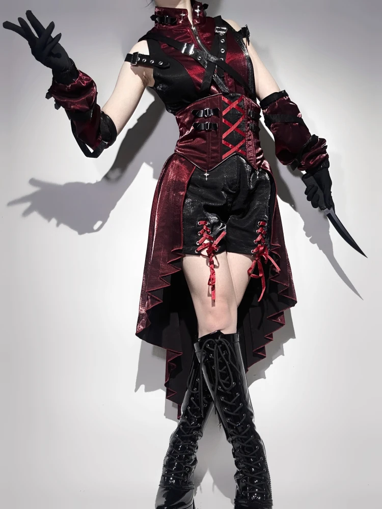 Original Design Light Lolita Gothic Red Black Top Shorts and Slip Dress Arm Sleeve Set Punk Girls Summer Set