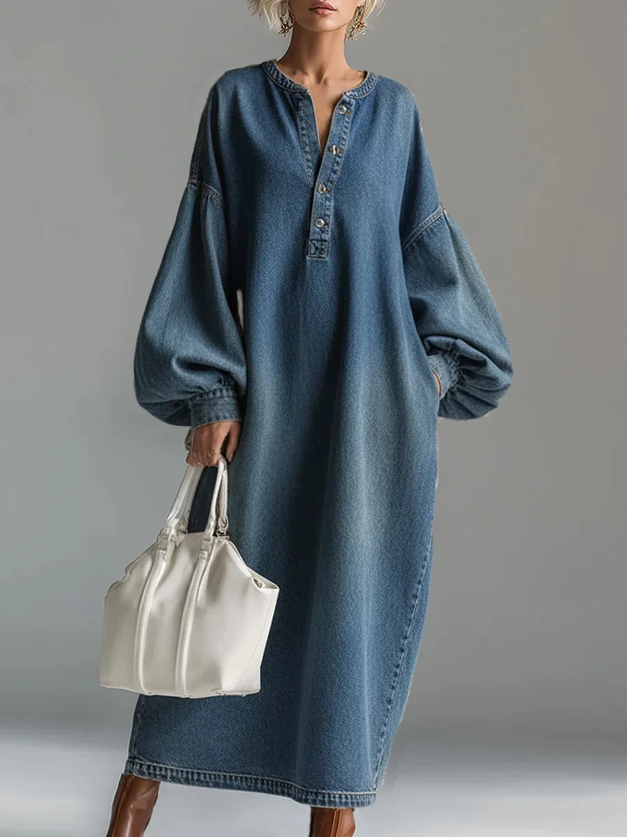 

Long Dress Women Denim Dresses Single-breasted V Neck Robe Streetwear Casual Lantern Sleeve Long Sleeve Maxi Dress Vestidos
