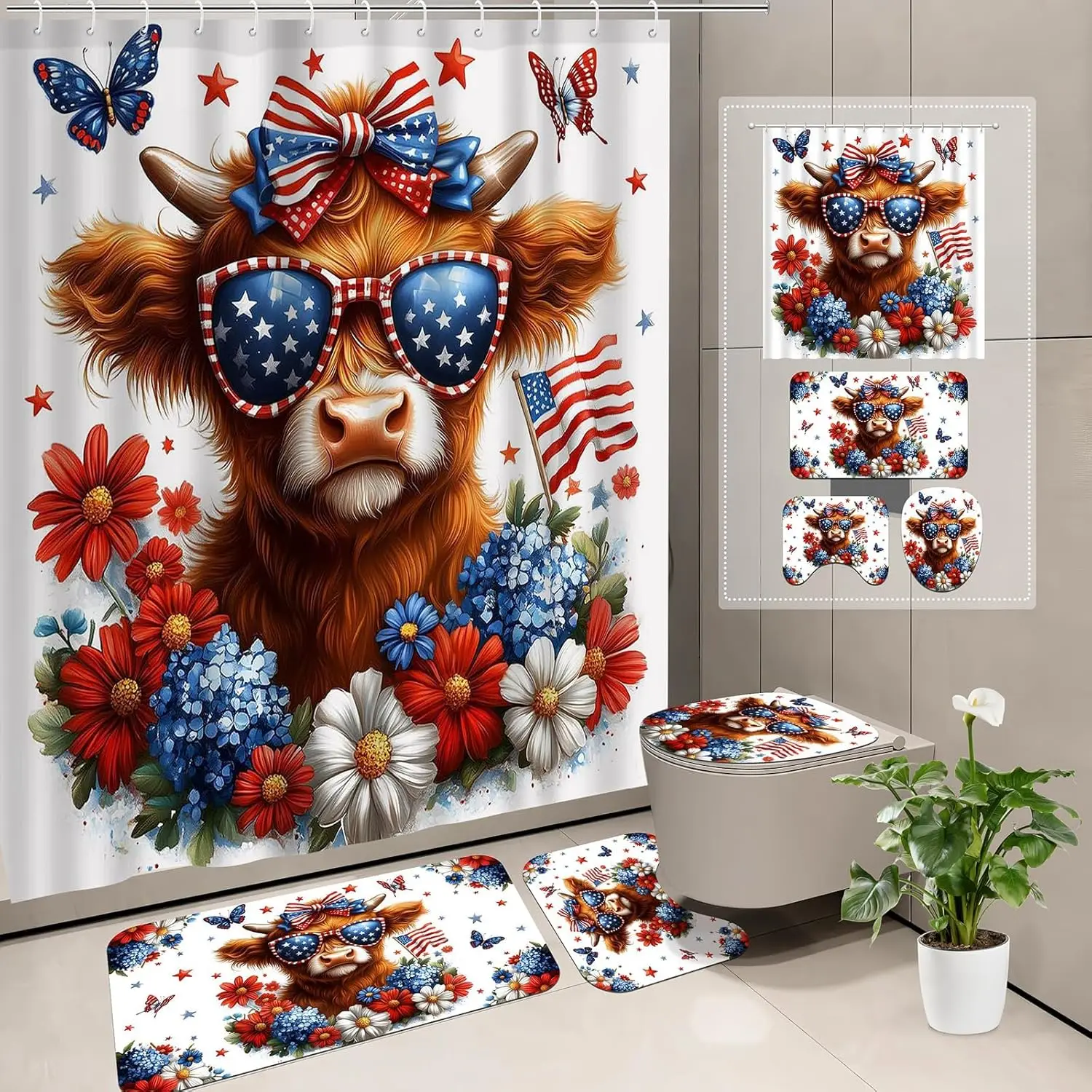 

Набор занавесок для душа Highland Cow на 4 июля, состоящий из 4 предметов, патриотический флаг и декор для ванной комнаты с милой коровой на День независимости, День памяти