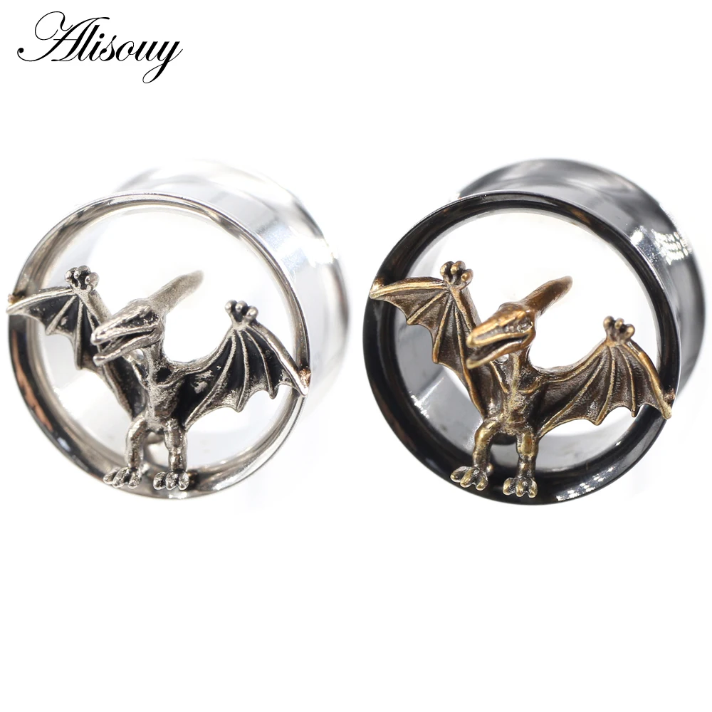 Alisouy 2PCS Stainless Steel Pterosaur Round Flared Ear Flesh Tunnels Plugs Expander Stretcher Gauges Earrings Piercing Jewelry