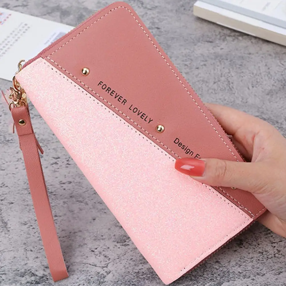 Causal PU Leather Women Long Purse Shiny Color Contrast Woman Clutch Wallet Multi-card Slot Storage Square Card Bag Lady