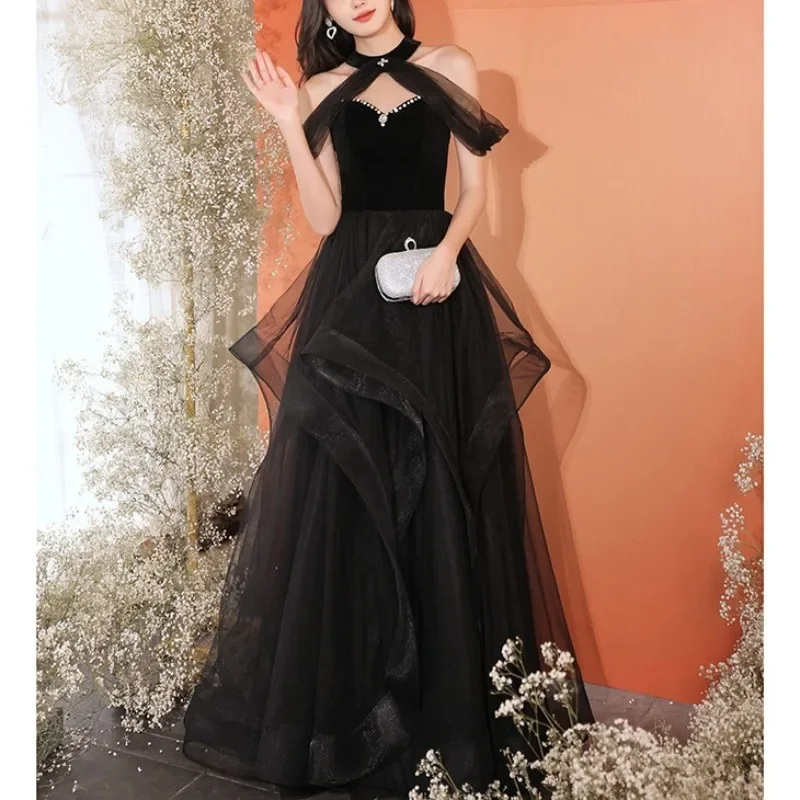 

Classic Black Mesh Evening Dresses for Women Chic Halter Velour Formal Party Maxi Dress Luxury Prom Gown Vestidos De Noche