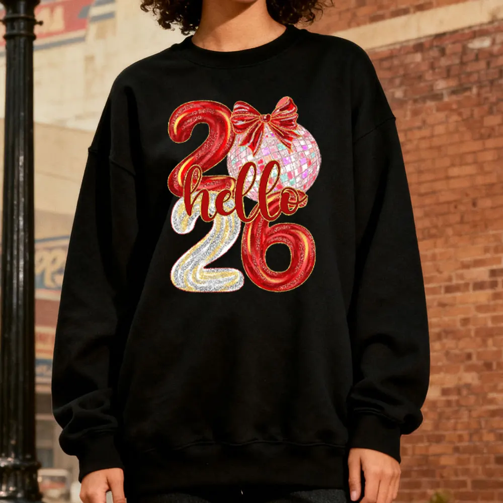 

Hello 2026 Happy New Year 2026 Hoodies Women Pink Coquette Bow New Years Disco Ball Sweater 12 New Chappters Pullover Clothes
