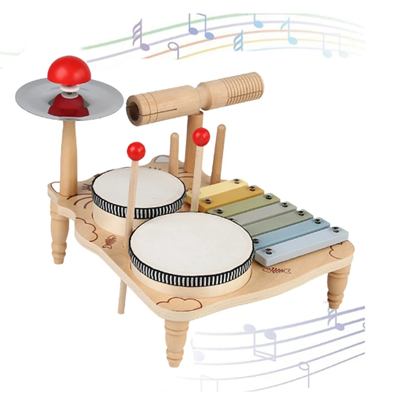 Kids Drum Set For Toddlers Wooden Early Education Beginner Percussion Music Table Children's Drum Rack Set Durable Easy Install