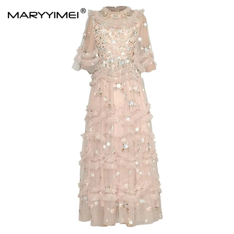 MARYYIMEI Fashion Spring Summer Women's dress Mesh flower embroidery Edible Tree Fungus ruffles Elegant Party Maxi Dresses